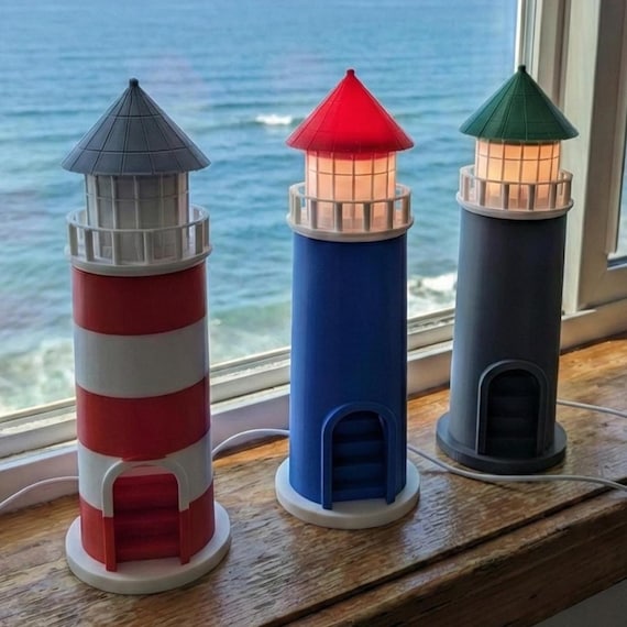 Coastal Lighthouse Lamp, Nautical Nursery Decor, Beach House Table Lamp, Gift for Sailors, Unique Bedside Lamp, 10 inch