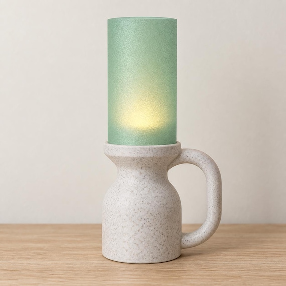 Avelune Cordless Tea Light Lamp Translucent Cylindrical Shade Handled Matte or Speckled Base