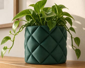 QuiltHaven Sculptural Planter with Drip Tray, Quilted Indoor Plant Pot, Optional Wall Mount, 2 Sizes, 25 Matte Colors