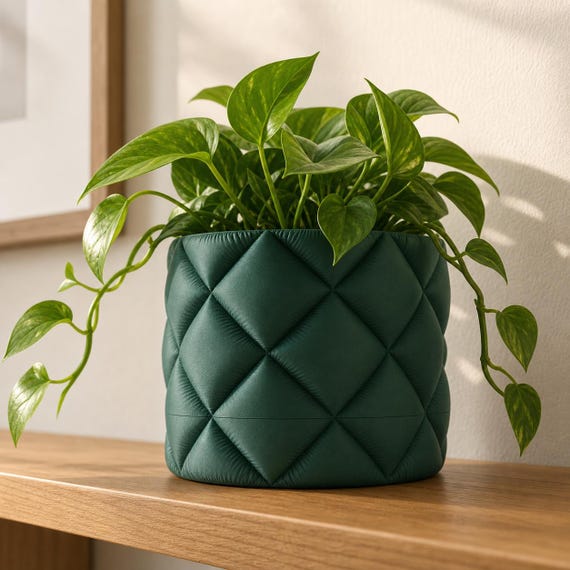 QuiltHaven Sculptural Planter with Drip Tray, Quilted Indoor Plant Pot, Optional Wall Mount, 2 Sizes, 25 Matte Colors
