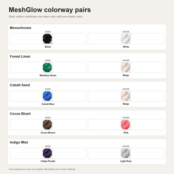MeshGlow colorway pairs showing the exact colors used in each selectable option