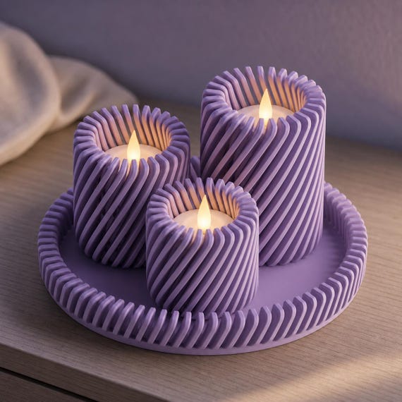 Lilac Purple Spiral Serenade graduated tealight trio in a close-up evening setting