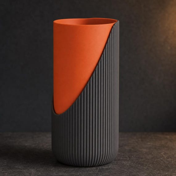 Curveveil statement vase in Charcoal and Mandarin Orange Gallery Ember colors