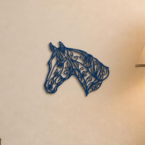 Close-up of Horse Profile filigree wall art in Cobalt Blue in a contrasting room