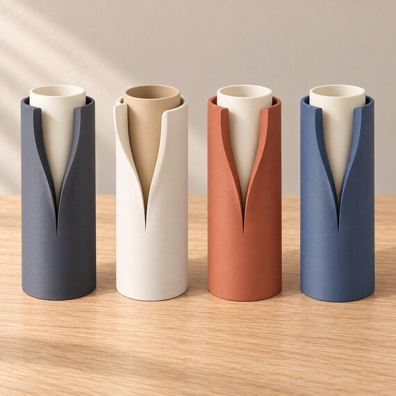 Four matte Vellori vases on oak, left to right: Chalk Ink, Linen Sand, Terracotta Linen and Coastal Blue, each with a curved collar and contrasting inner vessel.
