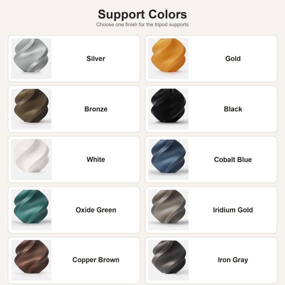 Support color chart showing Silver, Gold, Bronze, Black, White, Cobalt Blue, Oxide Green, Iridium Gold, Copper Brown, and Iron Gray finishes.