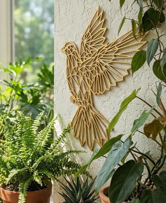 Geometric Flying Dove Wall Art: 1/2" thick relief art, multiple colors, ready to hang, shown in listing image 4 with additional visible details or options.