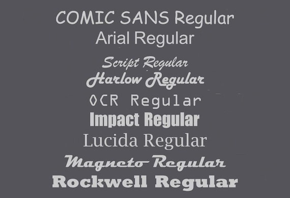 Font guide showing the nine available standard font families in their regular styles.
