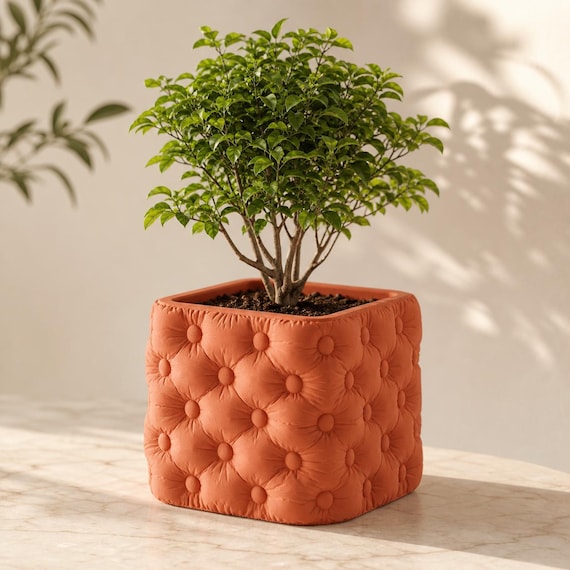Cushioncrest Tufted Planter, Quilted Square Plant Pot, Upholstered Style Home Decor, 5 Sizes, 25 Matte Colors