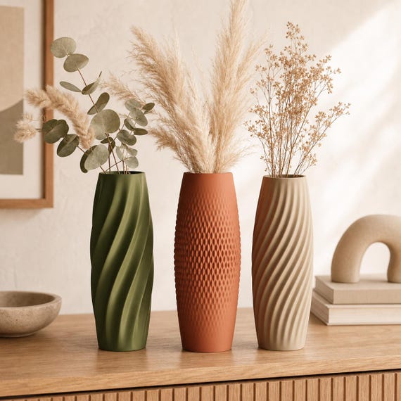 Stillspire Textured Dry Vase, Tall Sculptural Botanical Vessel, Three Named Surface Styles, 25 Matte Colors, Modern Shelf Decor
