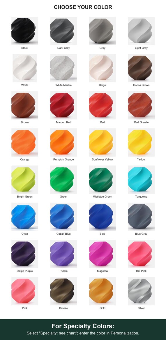 Full labeled color guide with White Marble and Red Granite among 32 color options. For Specialty Colors: Select "Specialty: see chart"; enter the color in Personalization.