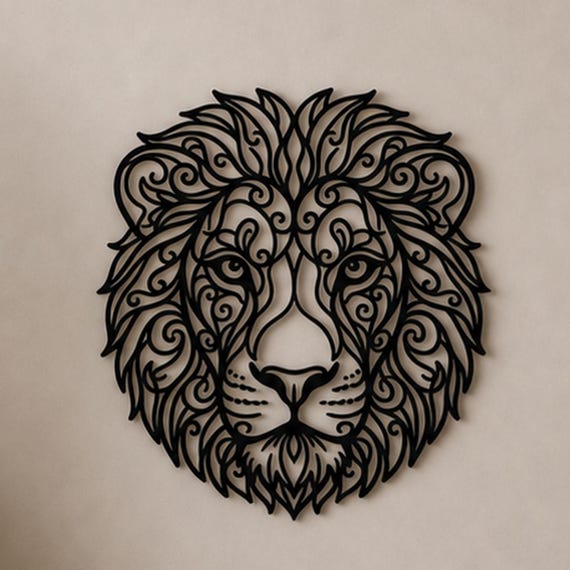 Close-up of Lion Head filigree wall art in black at accurate 12-inch scale