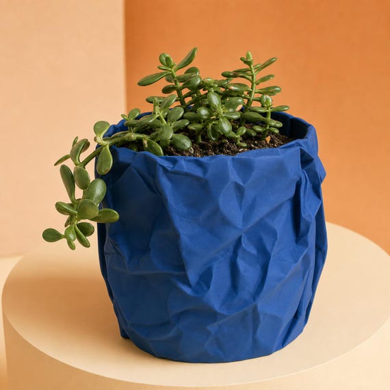Round crumpled paper look planter in Marine Blue with a jade plant