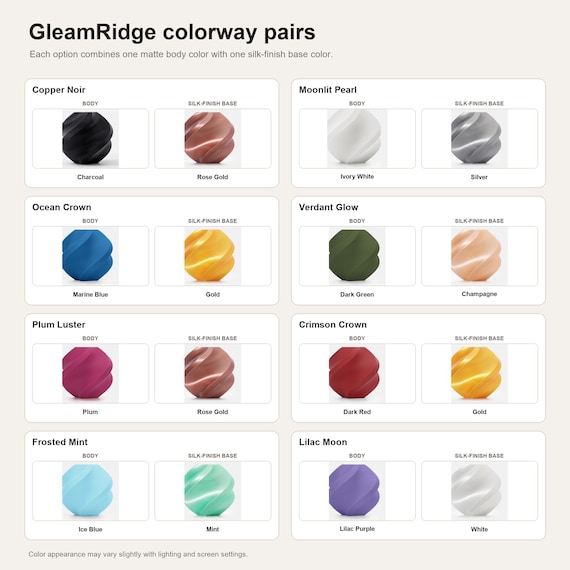 GleamRidge colorway pairs showing the exact colors used in each selectable option