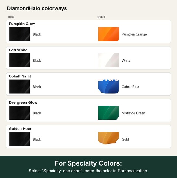 Named colorway swatch showing each option. For Specialty Colors: Select "Specialty: see chart"; enter the color in Personalization.
