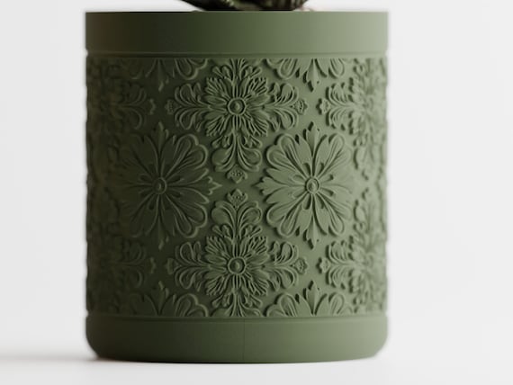 Petalweave floral relief planter in the Botanical Tapestry pattern, front close-up