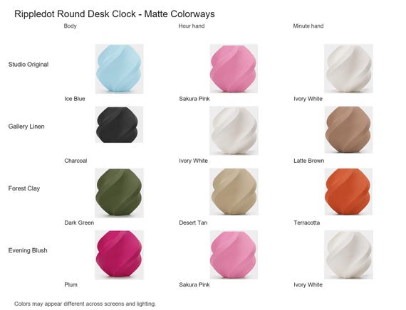 Rippledot Round Desk Clock matte colorway guide showing four named combinations with exact component and color assignments.
