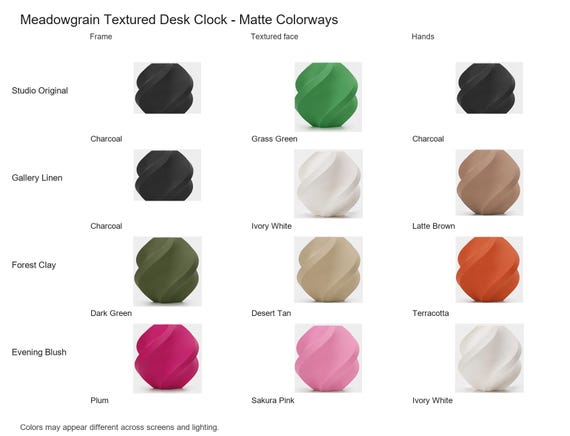 Meadowgrain Textured Desk Clock matte colorway guide showing four named combinations with exact component and color assignments.