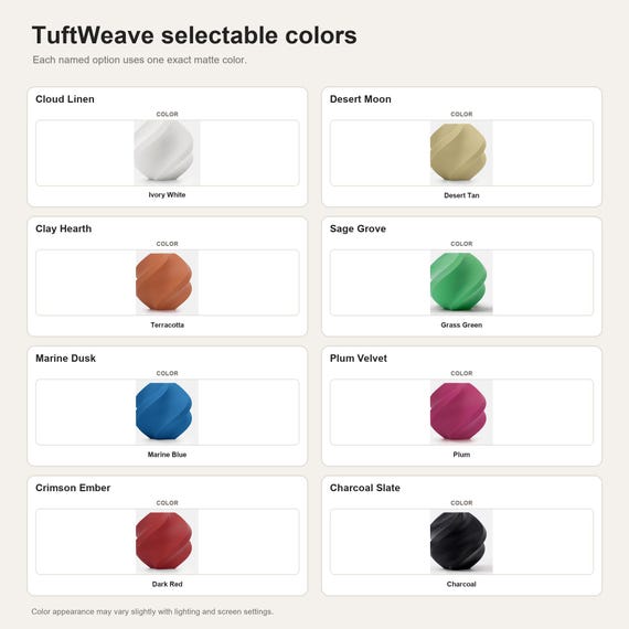 TuftWeave selectable colors showing the exact colors used in each selectable option