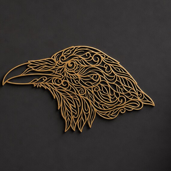 Close-up of Raven Head filigree wall art in Indigo Purple in a contrasting room