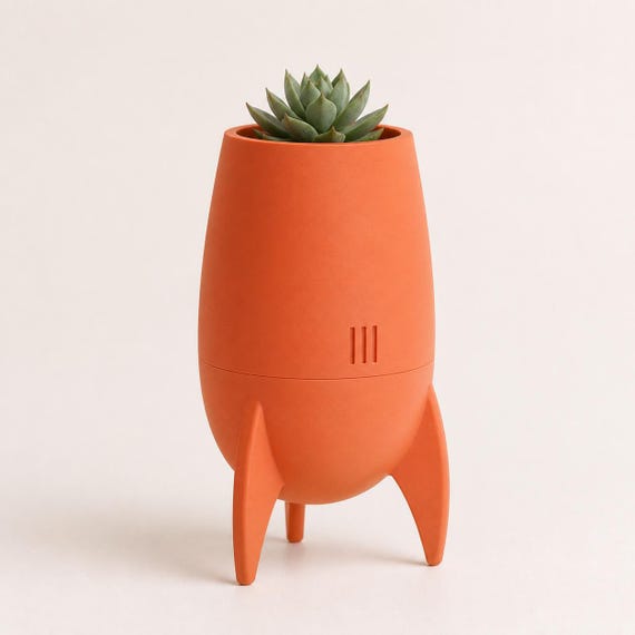 Close-up low-angle view of the Orbitcrest sculptural planter in Terracotta with a succulent