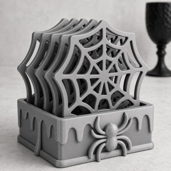 Bright studio close-up of the complete Silver WebWarden holder with all five spiderweb coasters