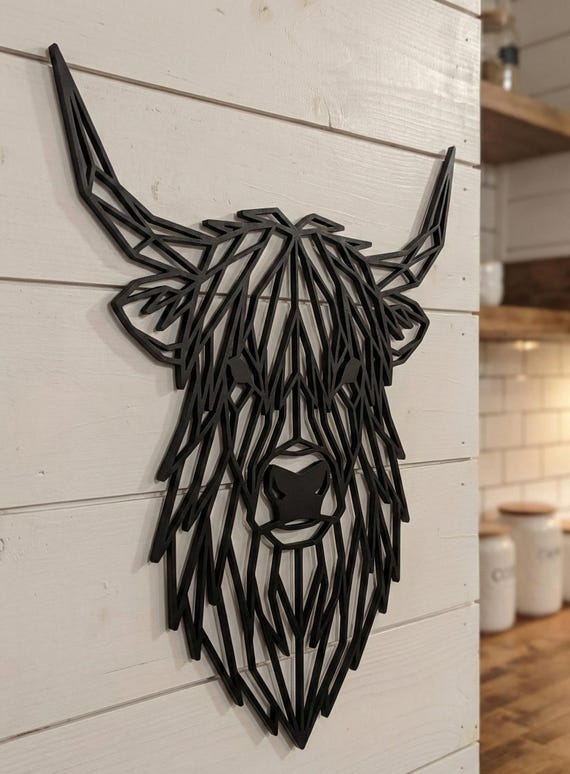 Geometric Highland Cow Wall Art: 1/2" thick relief art, multiple colors, ready to hang, shown in listing image 4 with additional visible details or options.