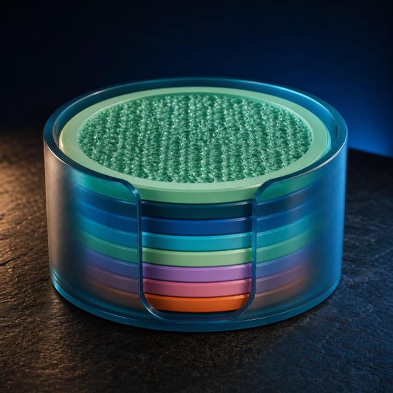 Rippleglass translucent coaster set illuminated in a moody evening setting