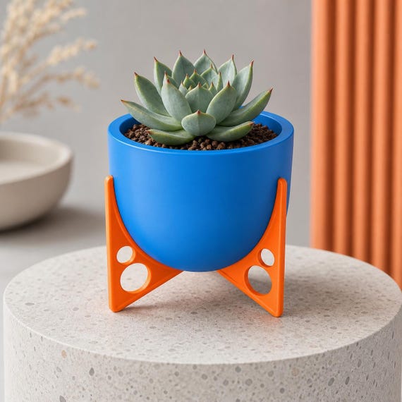 Four-inch retro tripod planter with a Lake Blue pot and Orange supports