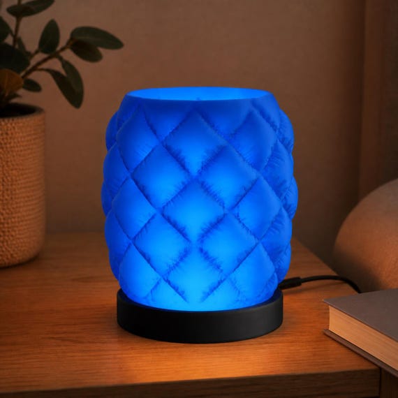 CushionHalo quilted desk lamp with Cobalt Blue shade, Black base, and Wired USB LED