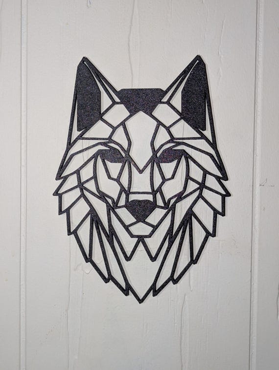 Geometric Wolf Wall Hanging: 1/2" thick relief art, multiple colors, ready to hang, shown in an additional close-up listing view with visible shape and details.