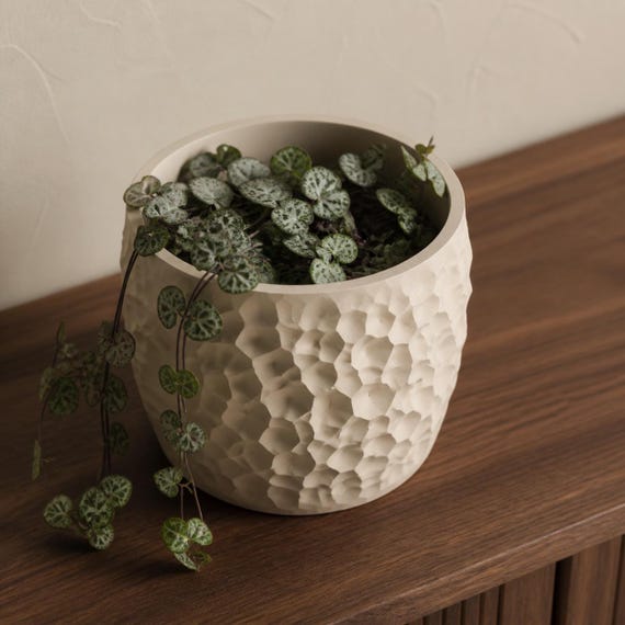 Elevated close-up view of a Bone White Erodewell planter and circular rim
