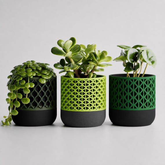 Close-up of the LatticeHaven planter trio in the Botanical Greens Standard colorway