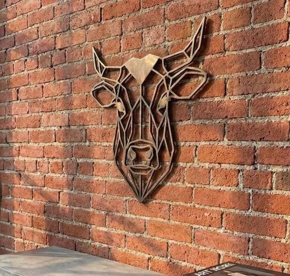 Geometric Bull Wall Art: 1/2" thick relief art, multiple colors, ready to hang, shown in another listing view highlighting visible design details.