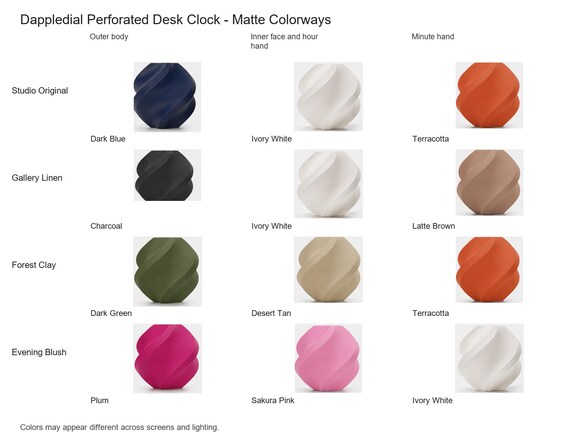 Dappledial Perforated Desk Clock matte colorway guide showing four named combinations with exact component and color assignments.