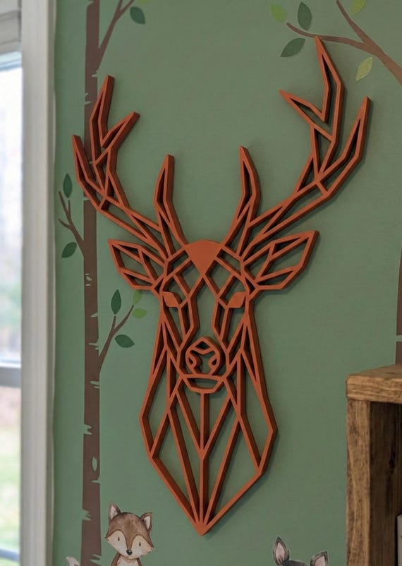 Geometric Stag Wall Art: 1/2" thick deer relief art, multiple colors, ready to hang