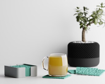 CanopyLace Coaster Set with Holder, 8 Square Drink Coasters, Botanical Lattice Table Decor, Modern Housewarming Gift