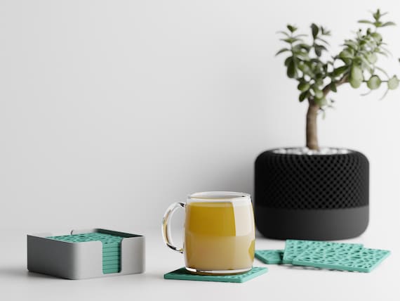 CanopyLace Coaster Set with Holder, 8 Square Drink Coasters, Botanical Lattice Table Decor, Modern Housewarming Gift