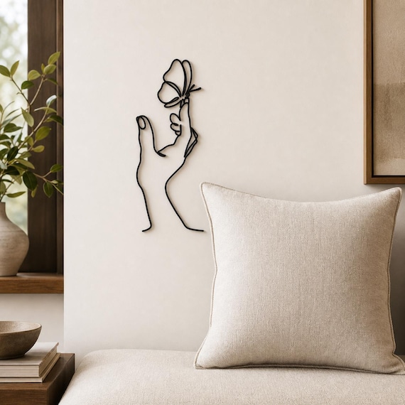 Butterfly Hand Continuous Line Wall Art, 12 Inch Minimalist Wall Sculpture, Modern Home Decor, Custom Color