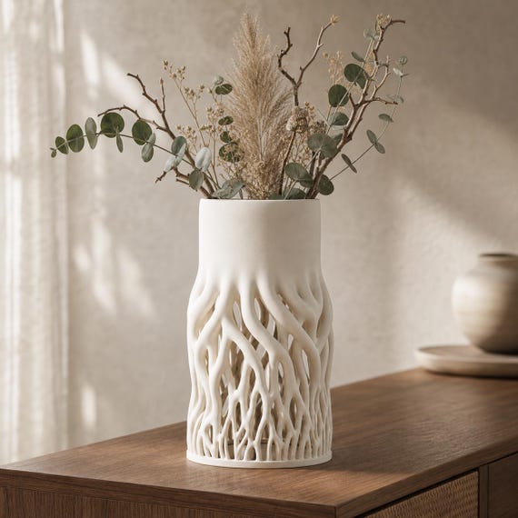 Close-up lifestyle view of the Rootveil vase with a dried botanical arrangement