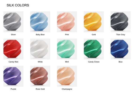 Silk color guide showing thirteen labeled lustrous color samples on a white background.