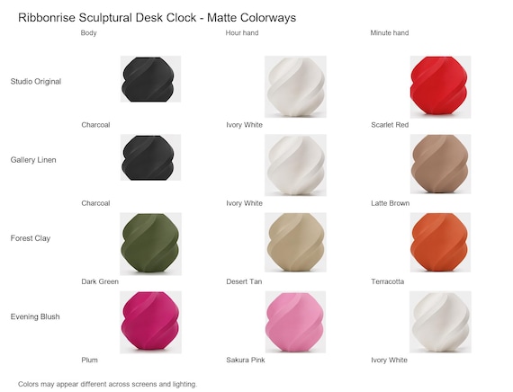 Ribbonrise Sculptural Desk Clock matte colorway guide showing four named combinations with exact component and color assignments.