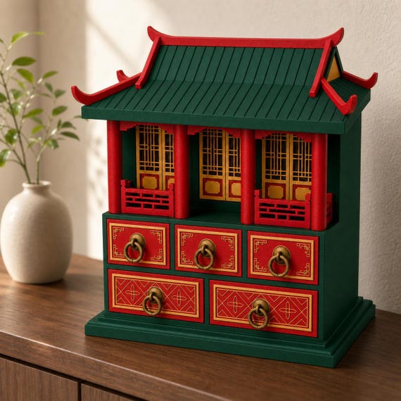 Jade Green pavilion chest on a walnut console table in a warm home interior, shown from the right with all five drawers closed