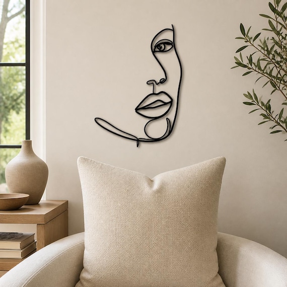 Half Face Woman Continuous Line Wall Art, 12 Inch Minimalist Wall Sculpture, Modern Home Decor, Custom Color