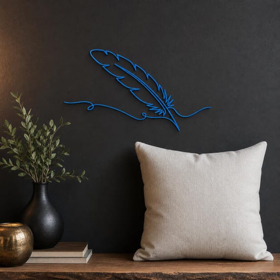 Feather Quill wall art in Lake Blue in a contrasting showcase room
