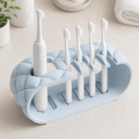 Overhead close-up of an Ice Blue CloudRidge organizer with five toothbrush positions