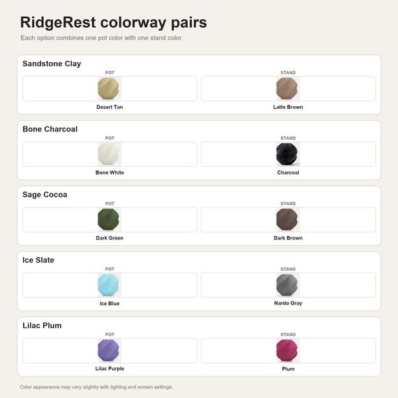 RidgeRest colorway pairs showing the exact colors used in each selectable option