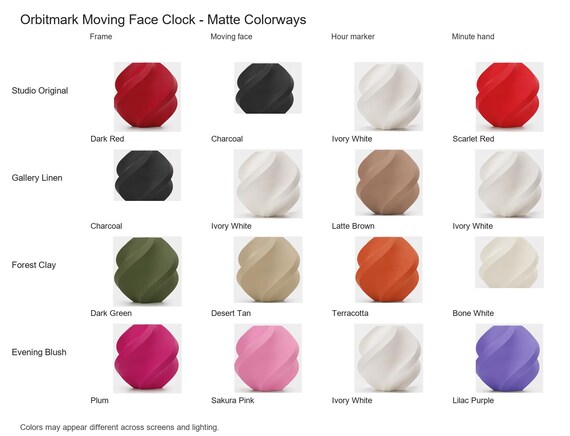Orbitmark Moving Face Clock matte colorway guide showing four named combinations with exact component and color assignments.
