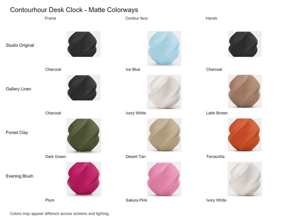 Contourhour Desk Clock matte colorway guide showing four named combinations with exact component and color assignments.