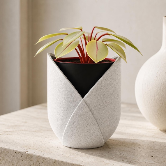 CrescentWrap Three-Tone Planter, Textured Modern Indoor Plant Pot, Sculptural Layered Design, 10 Colorways